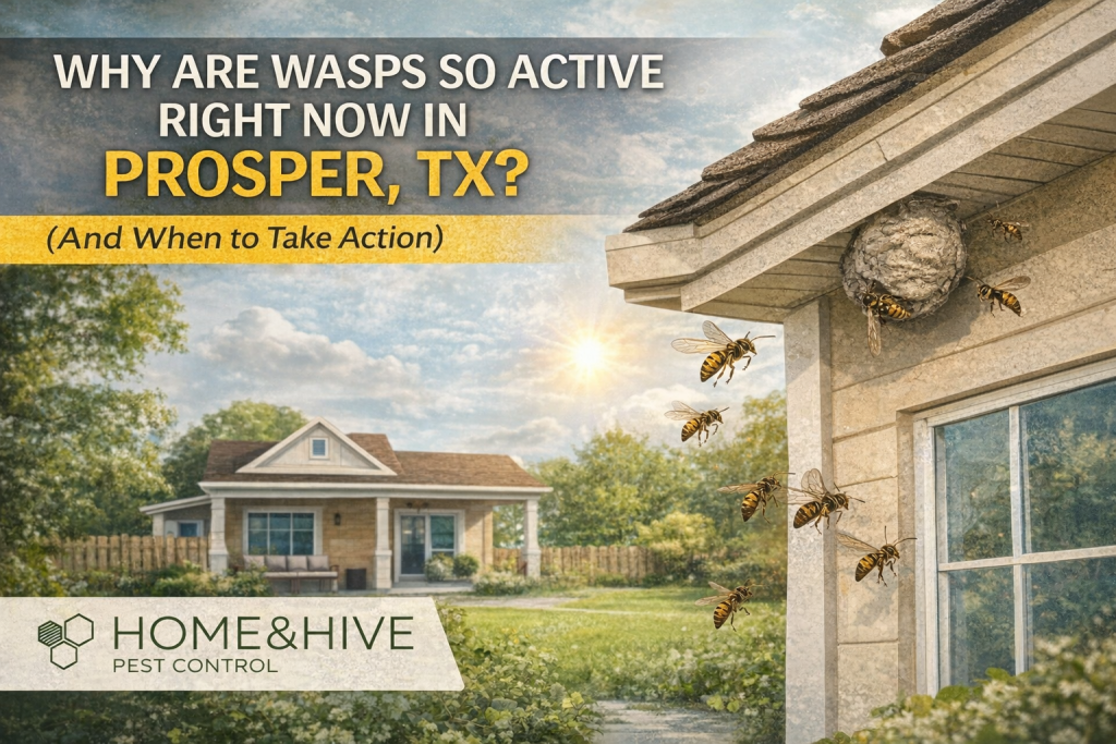 Wasp nest on home eave in Prosper Texas with wasps flying around in spring