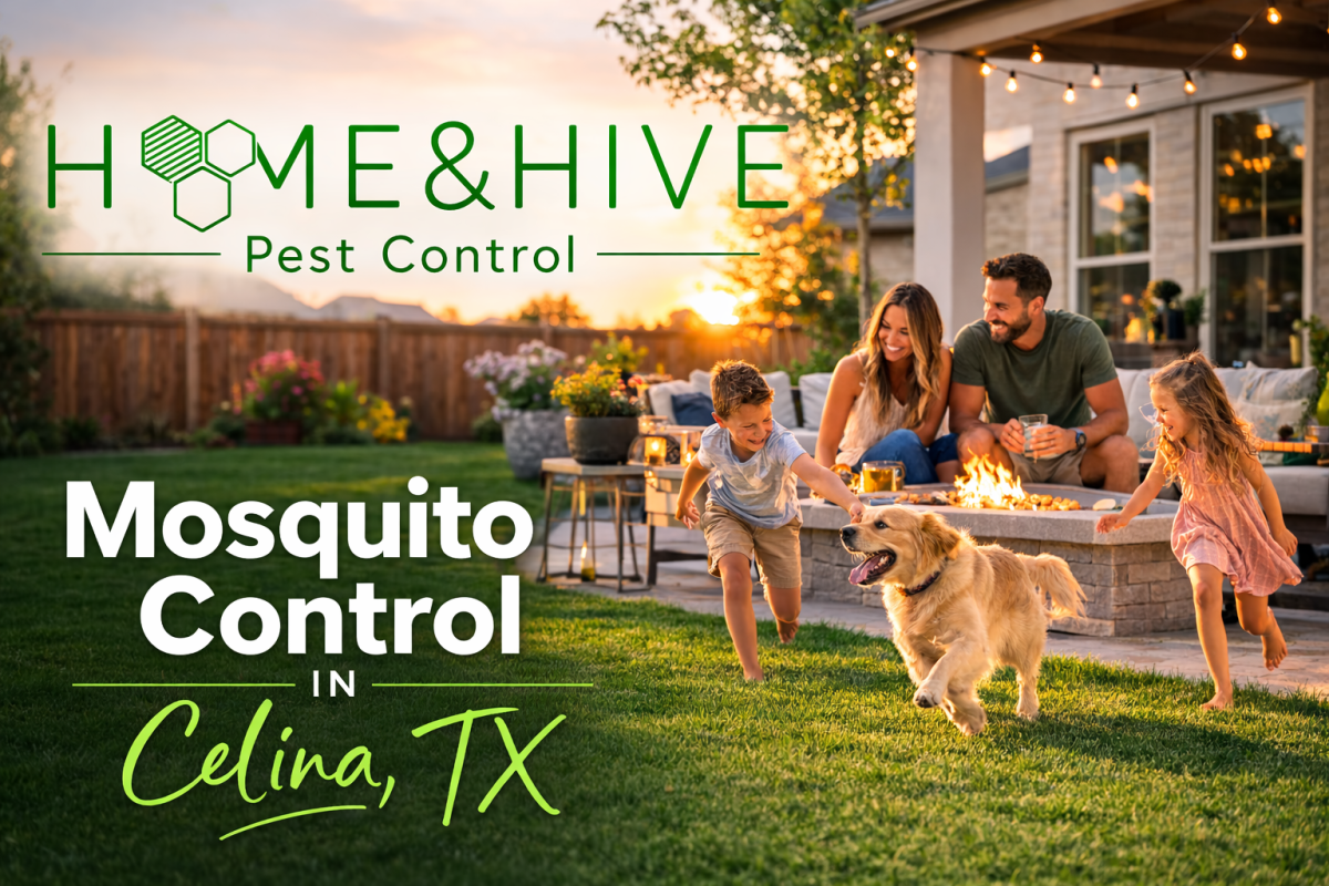 Family enjoying a mosquito-free backyard at sunset in Celina TX thanks to Home & Hive Pest Control mosquito control services